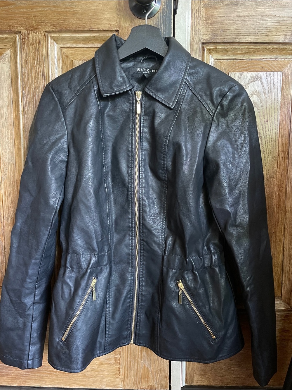 Baccini Black Leather Zip-Front Jacket with Gold Hardware